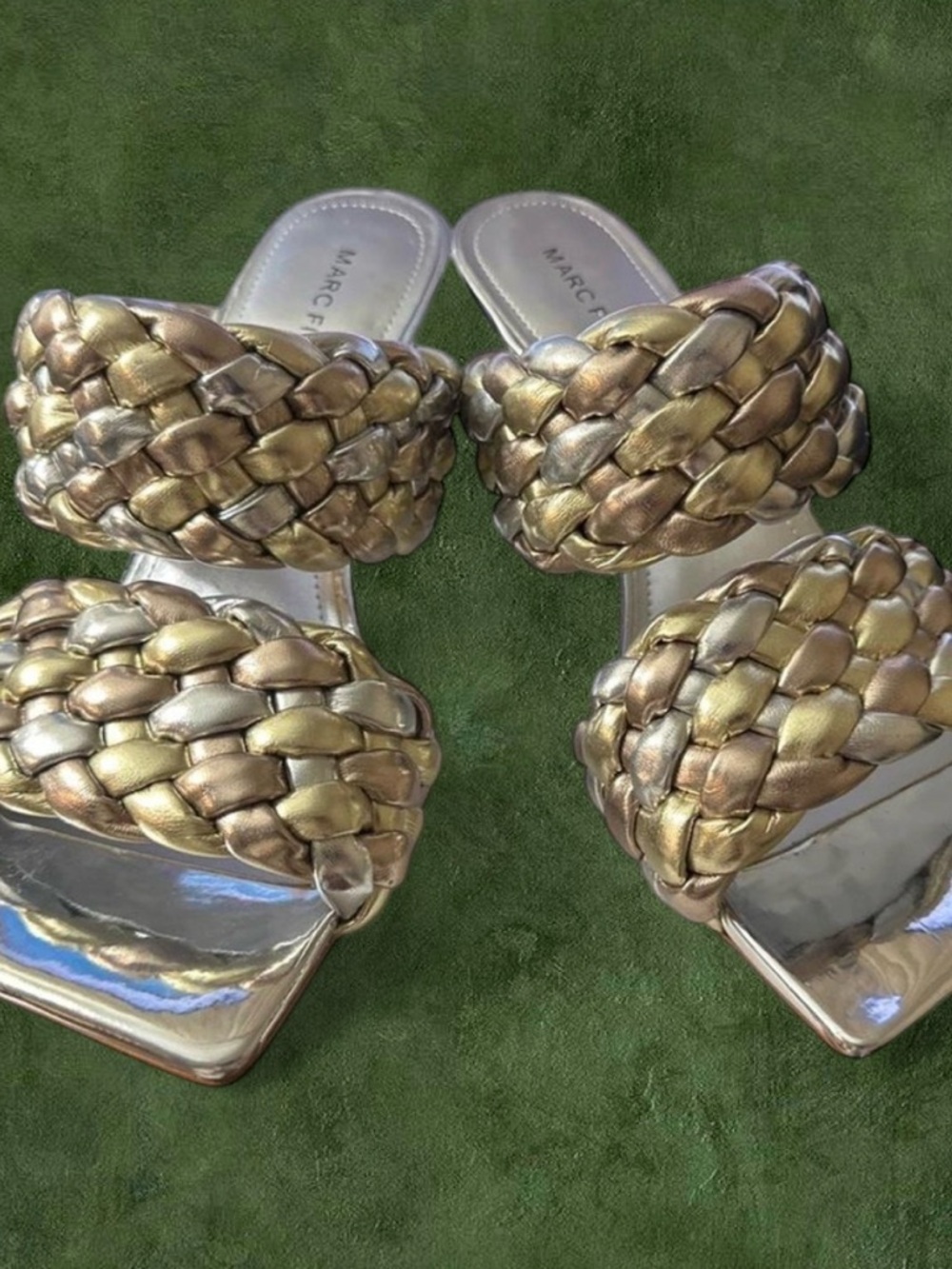 Marc Fisher Braided Metallic Dual-Strap Slide Heels in Gold and Silver